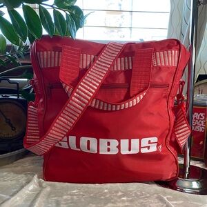 SOLD! 70s VINTAGE DEAD-STOCK RED GLOBUS TRAVEL MESSENGER SIDE BAG